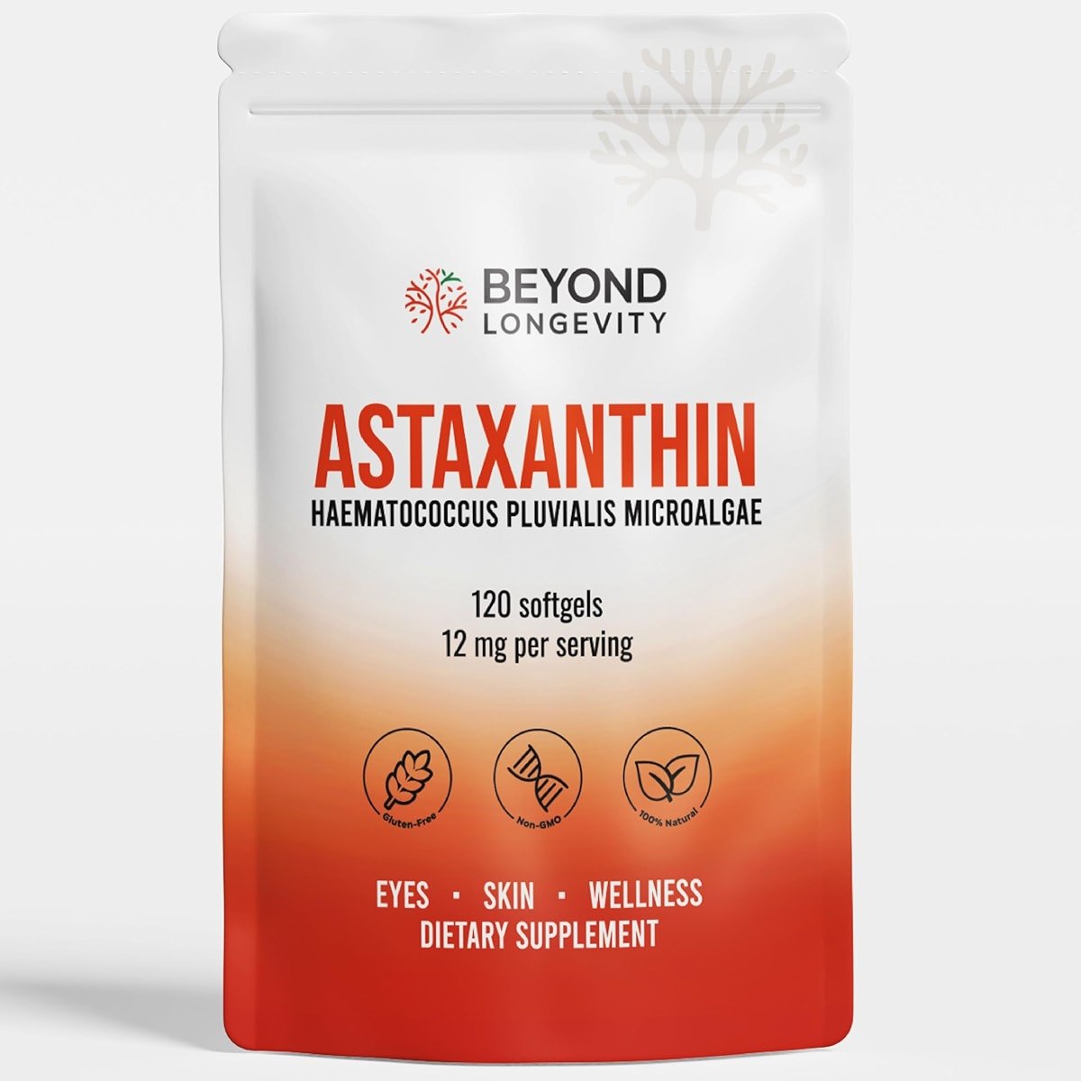 BEYOND LONGEVITY Astaxanthin 12mg - Antioxidant Supplement from Microalgae, 120 Softgels for Eye, Skin and Wellness Support - Product Image