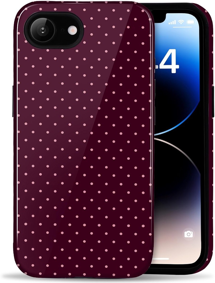 Amzfield Compatible with iPhone 16e/17e Case Cute Polka Dot Aesthetic for Women Girls Chic Girly Dual Layer Hybrid Protection Case for iPhone 16e for iPhone 17e, Burgundy - Product Image