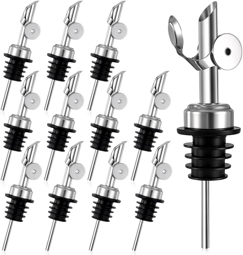 12 Pack Olive Oil Dispenser Spout Speed Liquor Pour Spout with Flip Top Stainless Steel Pour Spouts for Bottles Weighted Liquor Pours Spouts with 12 Adapters for Large Neck Bottles - Product Image