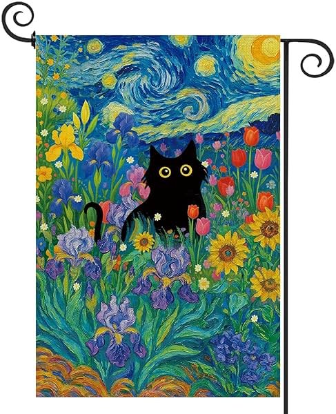 Baccessor Spring Summer Black Cat Garden Flag Double Sided 12.5 x 18 Inch Burlap with Clip and Stopper,Starry Night Flowers Flag Yard Lawn Seasonal Farmhouse Outside Outdoor Decoration - Product Image