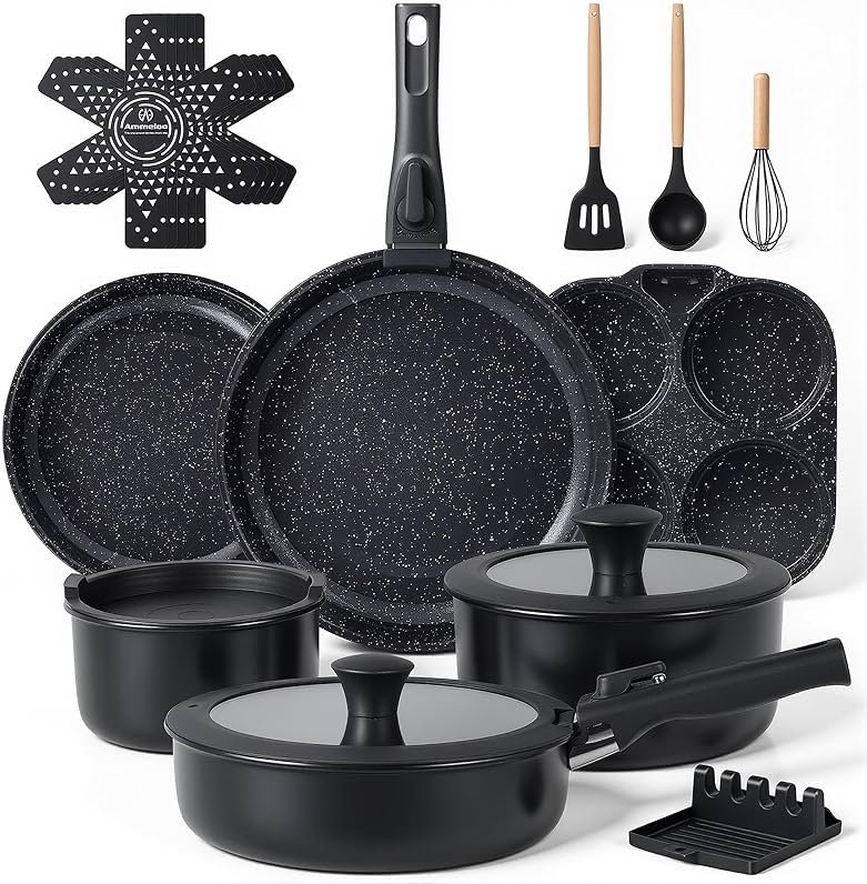 Ammeloo 21-Piece Ceramic Pots and Pans Set Non Stick with Detachable Handles and Egg Frying Pan, Non-Toxic Cookware, Induction Ready, Oven Safe, Stackable for Storage, Black Speckled - Product Image