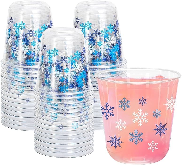 Whaline 50Pcs Christmas Plastic Cups 12 Oz Winter Snowflake Disposable Clear Stemless Wine Cocktail Glasses PET Drinkware Cups Set for Holiday Party Supplies - Product Image