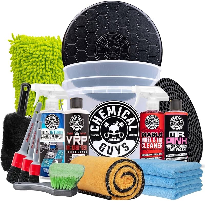 Chemical Guys Car Detailing Kit, Car Cleaning Kit with Total Interior Cleaner & Protectant, Sprayable Wheel Cleaner, Car Wash Soap, Bucket, Brushes, and Detailing Accessories - 17 Piece Wash Kit - Product Image