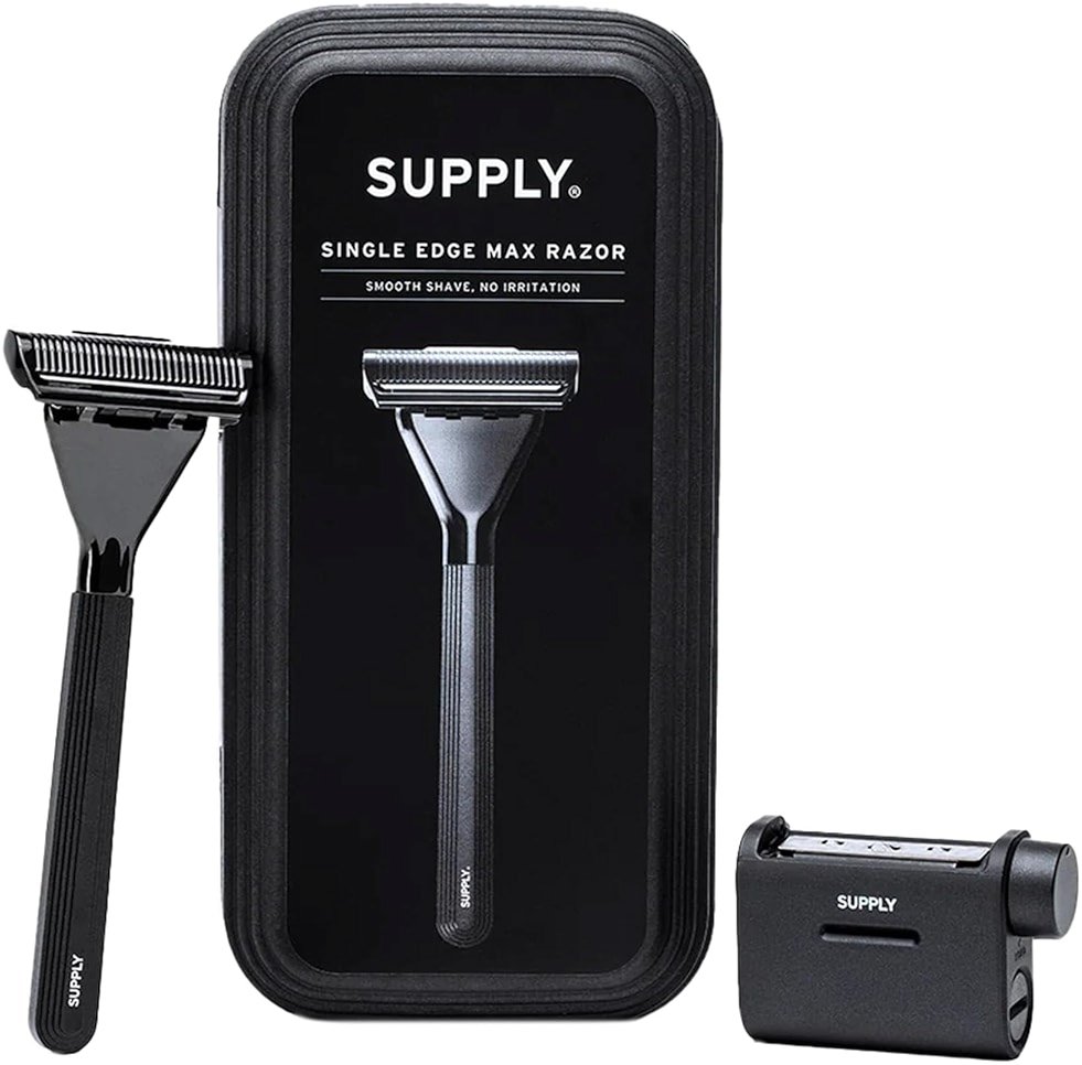SUPPLY Single Edge Max Razor for Men – Premium Metal Single-Blade Safety Razor with Pivoting Head for Fewer Cuts and Irritation – Includes 8 Blades & Magnetic Reload System – Jet Black - Product Image