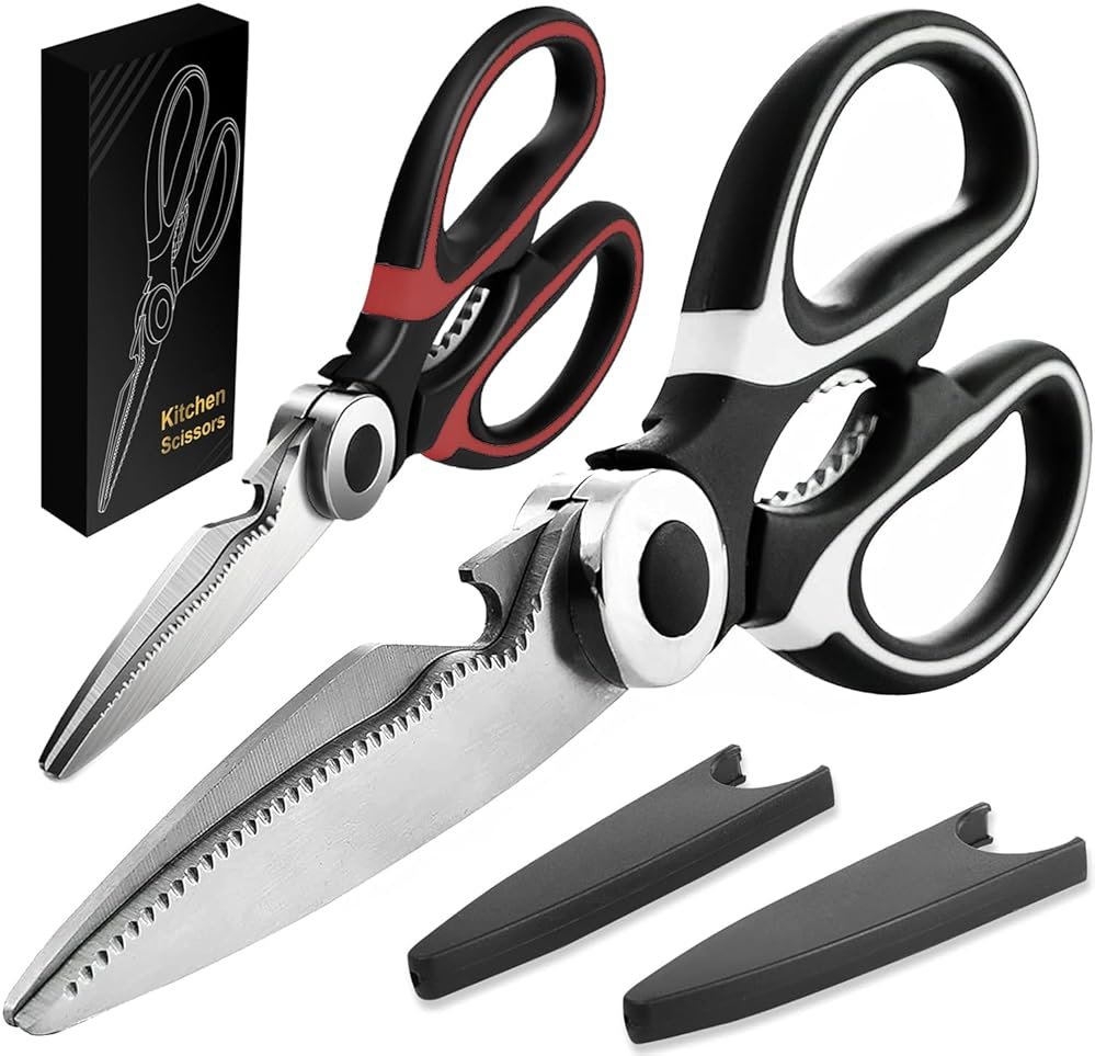 2 Pack Kitchen Scissors Heavy Duty, All Purpose Stainless Steel Kitchen Shears for Cutting Meat Chicken Crab Legs, Dishwasher Safe Seafood Scissors with Protective Cover (Black) - Product Image