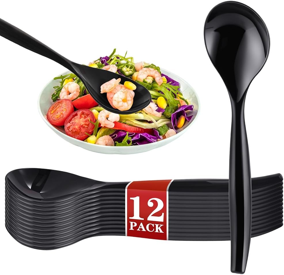 Mwellewm 10" Serving Spoons Plastic Serving Utensils 12 Packs Disposable Spoons for Buffet Large Heavy Duty Black Plastic Soup Spoons Catering Supplies for Parties Weddings Gatherings Holiday - Product Image