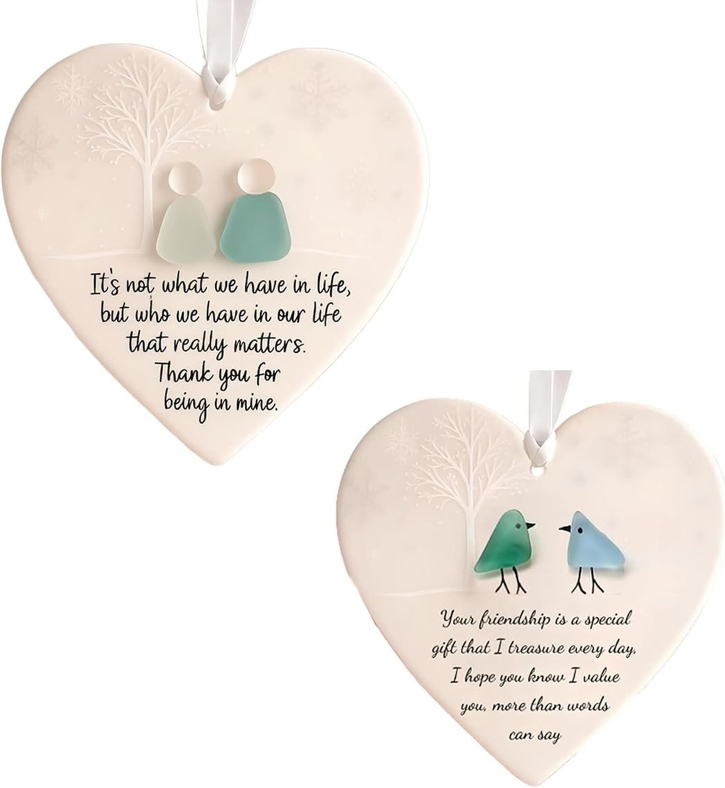 Heart-Shaped Sea Glass Friendship Decor, Sea Glass Art for Best Friends, Friendship Heart Ornament for Christmas Tree Hanging Ornaments (A + B) - Product Image