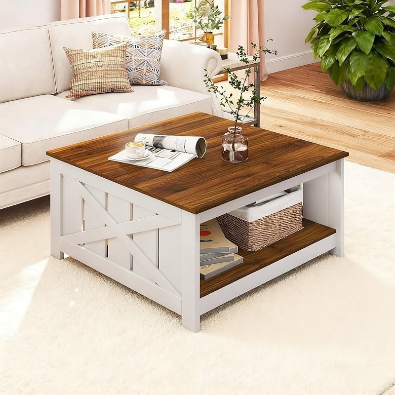 Giantex Farmhouse Coffee Table, 31 Inch Square Wood Coffee Table with Storage Shelf, 2-Tier Vintage Center Table with Open Compartment, Rustic Living Room Table for Home Office, White & Brown - Product Image