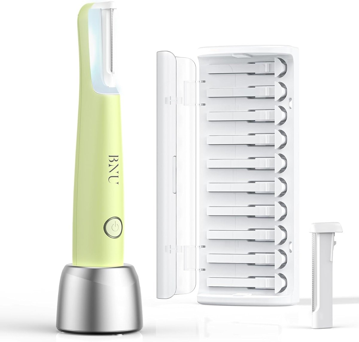 BNU Dermaplaning Tool for Face, Sonic Dermaplane Razor for Women Face LED Light Facial Exfoliation & Peach Fuzz Hair Removal, 3 Speeds Rechargeable Sonic Edge Technology 10 Refill Blades Green - Product Image