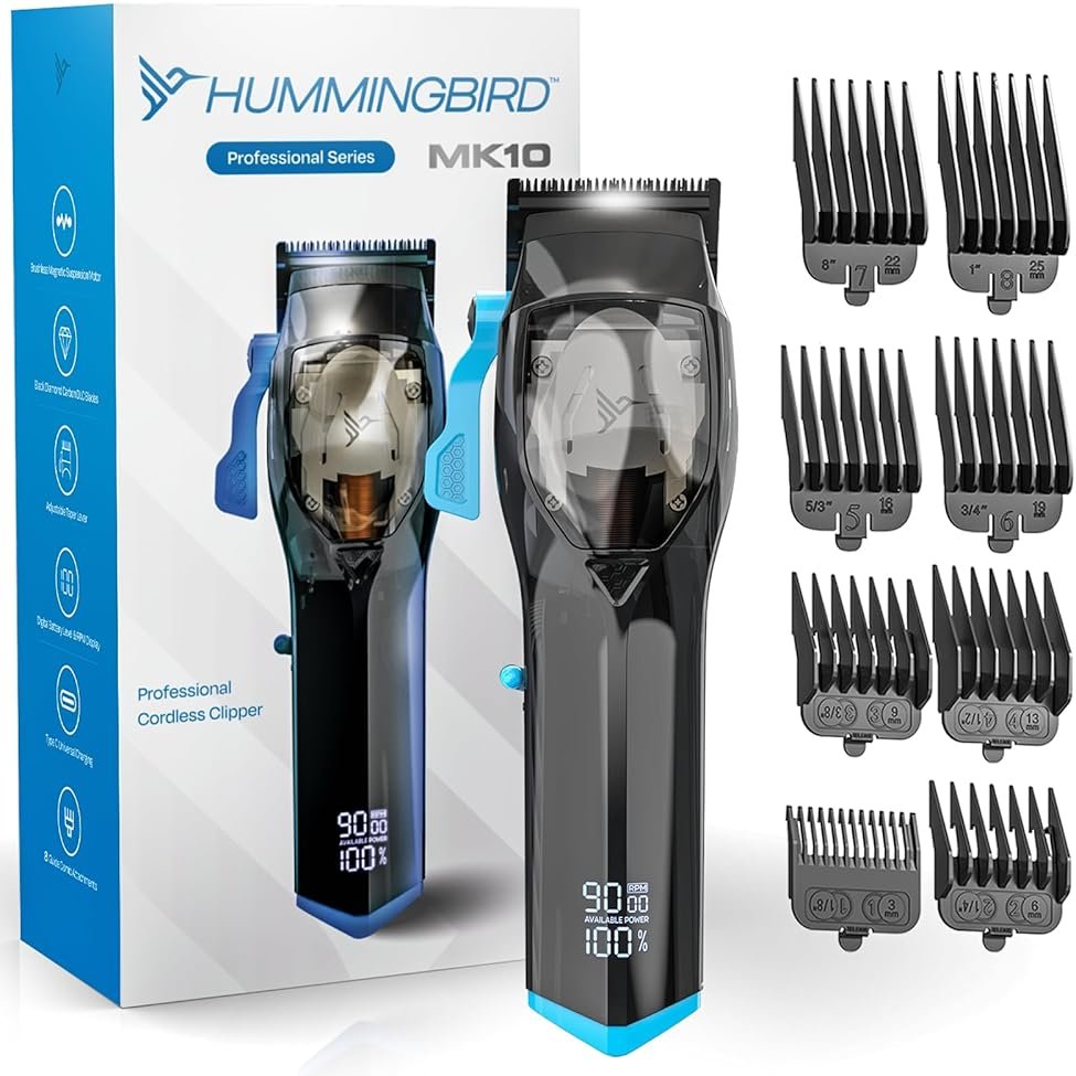 HUMMINGBIRD MK10 Pro Series Cordless Hair Clippers – 9,000 RPM Brushless Motor, DLC Blade, USB-C Rechargeable, Super Torque, Professional Barber Clippers, Haircut Kit, Includes Barber Cape & Comb - Product Image