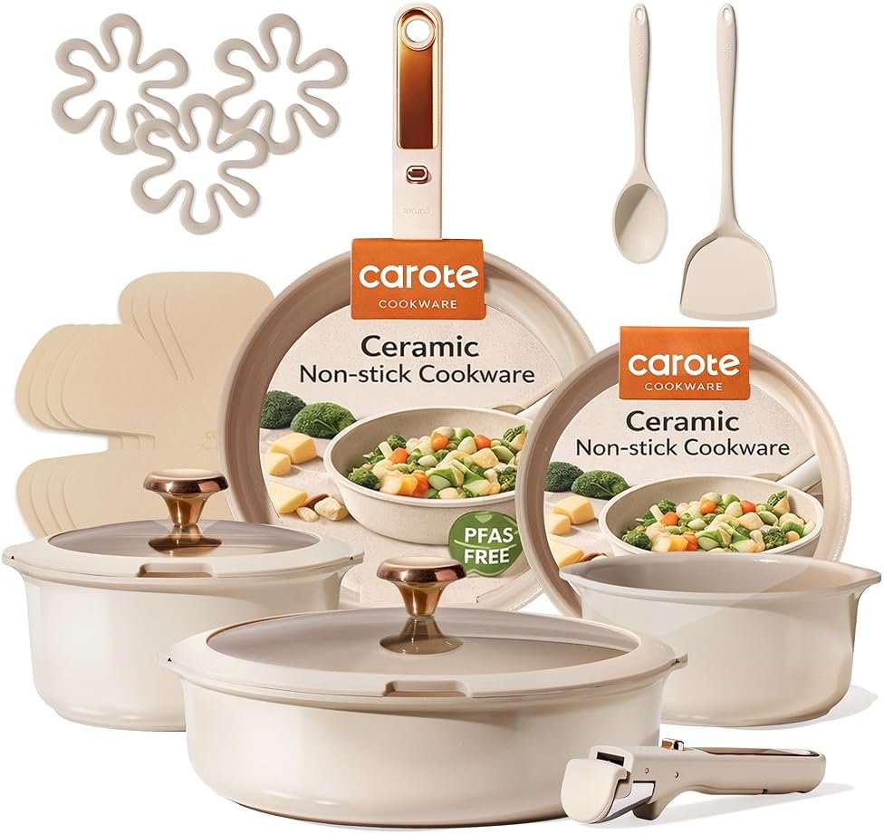 CAROTE 18Pcs Ceramic Cookware Set with Detachable Handle, Pots and Pans Set Non Stick, Non Toxic Cookware Set Removable Handles, Induction Kitchen Cookware Sets, Dishwasher/Oven Safe - Product Image