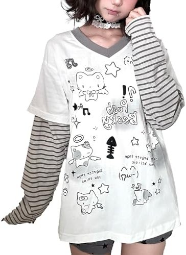 GOTHPICKUS Womens Y2k Cute Graphic Sweatshirts Harajuku Kawaii Striped Sweatshirt Patchwork Cartoon Casual T-Shirts - Product Image