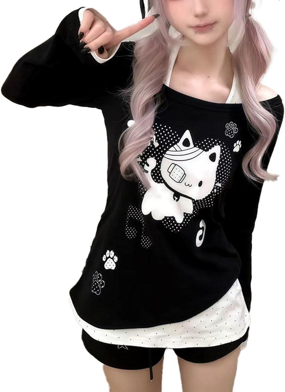 GOTHPICKUS Y2K Off Shoulder Kawaii Cute Graphic Sweatshirt Casual Long Sleeves Hrajuku Tops Cat Print Pullover Sweatshirts - Product Image
