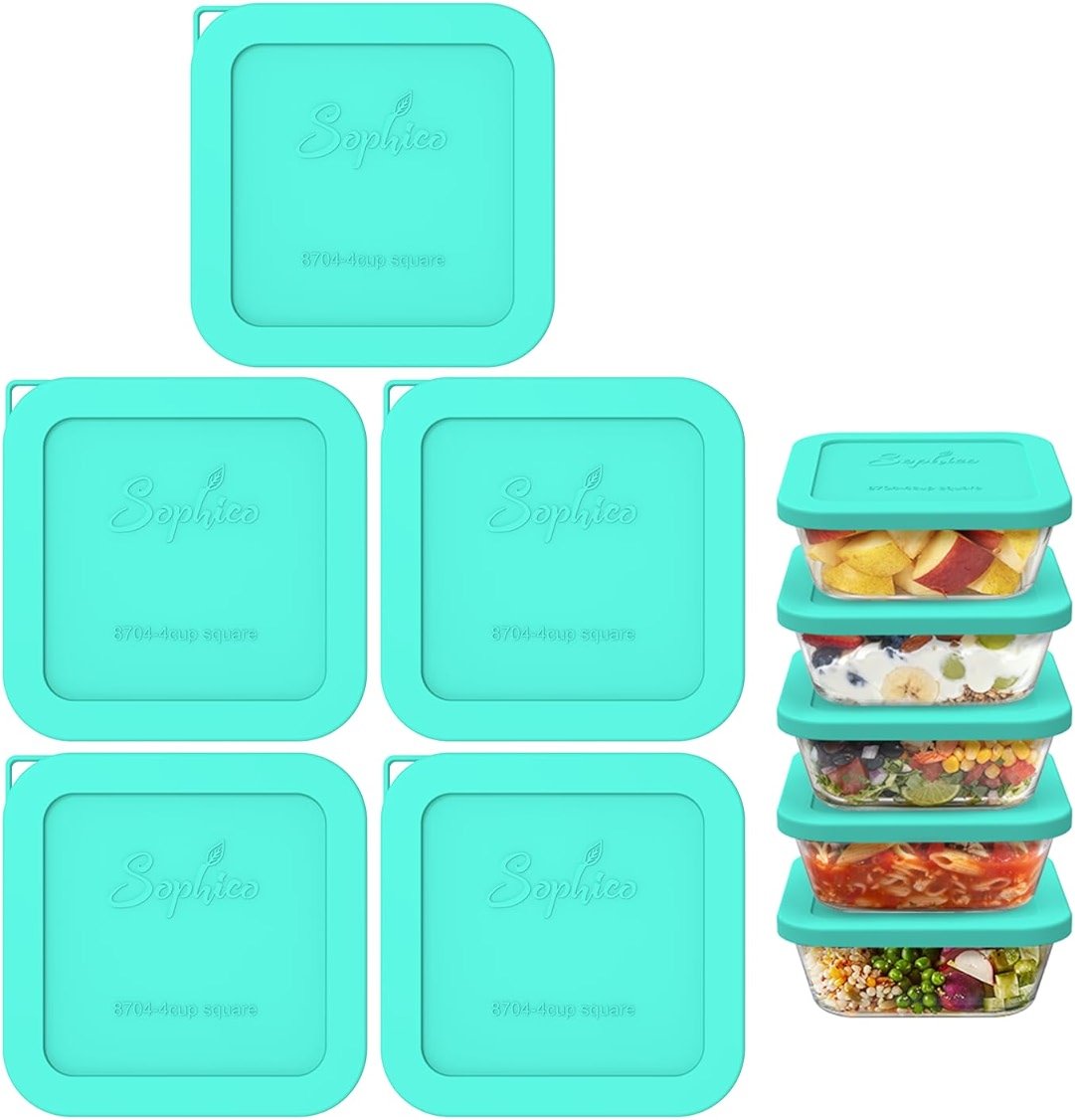 Sophico Silicone Cover Lid Replacement Only for Pyrex Freshlock and SNAPWARE 4CUP Square Glass Bowls Container Set(8704), Leakproof Lids, Dishwasher Microwave Safe 5 Pack (Container not Included) - Product Image