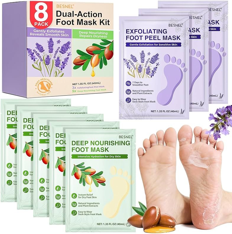 BESNEL 8Pack Moisturizing&Foot Peeling Foot Mask, Teacher Appreciation Gifts, Hydrating Foot Masks Dry Cracked Feet, Soothing Moisturizer Socks Repair Rough Heels&Baby Soft Feet(8Pack) - Product Image