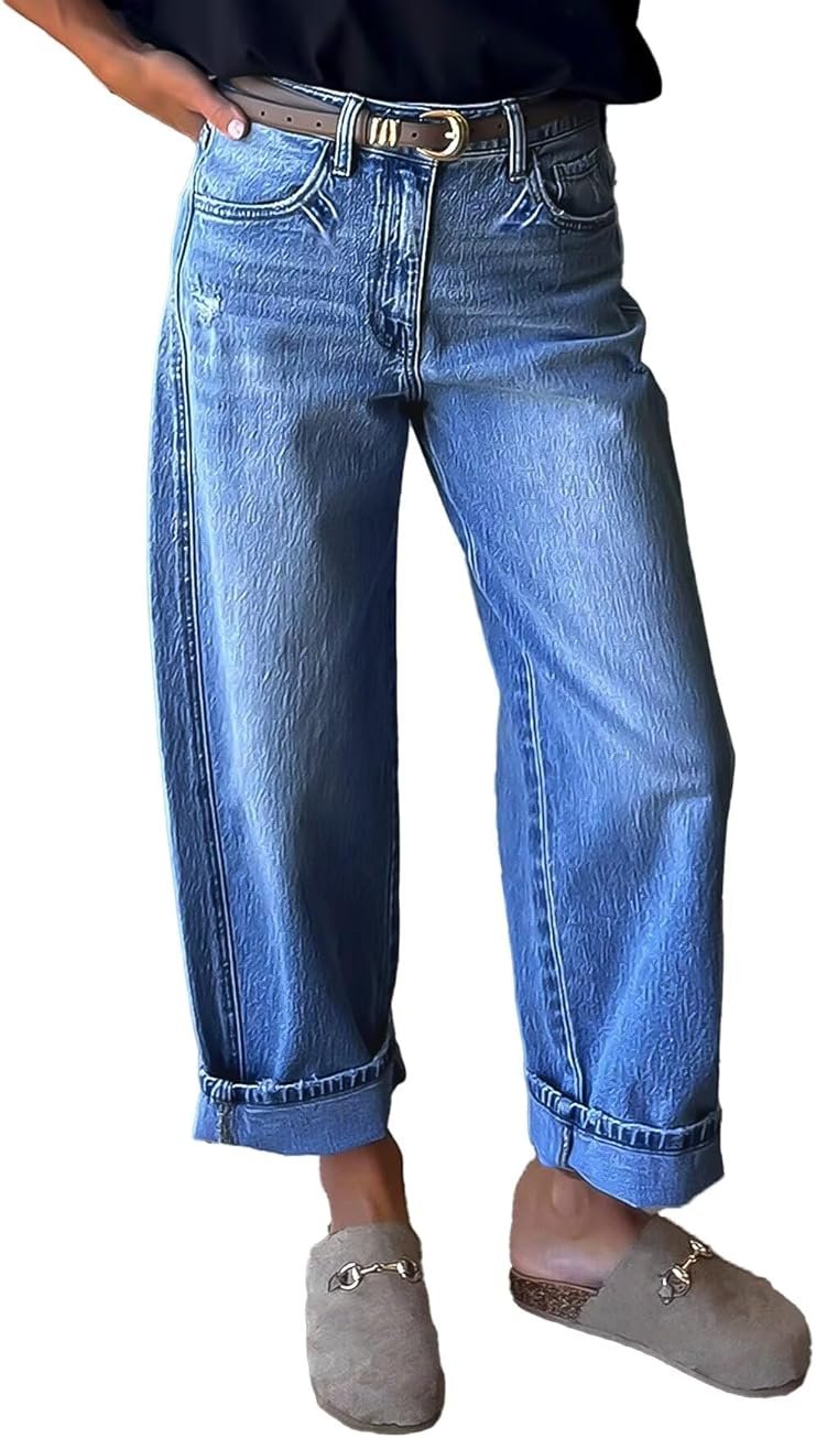 Flamingals Straight Leg Jeans for Women Boyfriend Mid Rise Roll Hem Wash Cropped Denim Pants Without Belt - Product Image