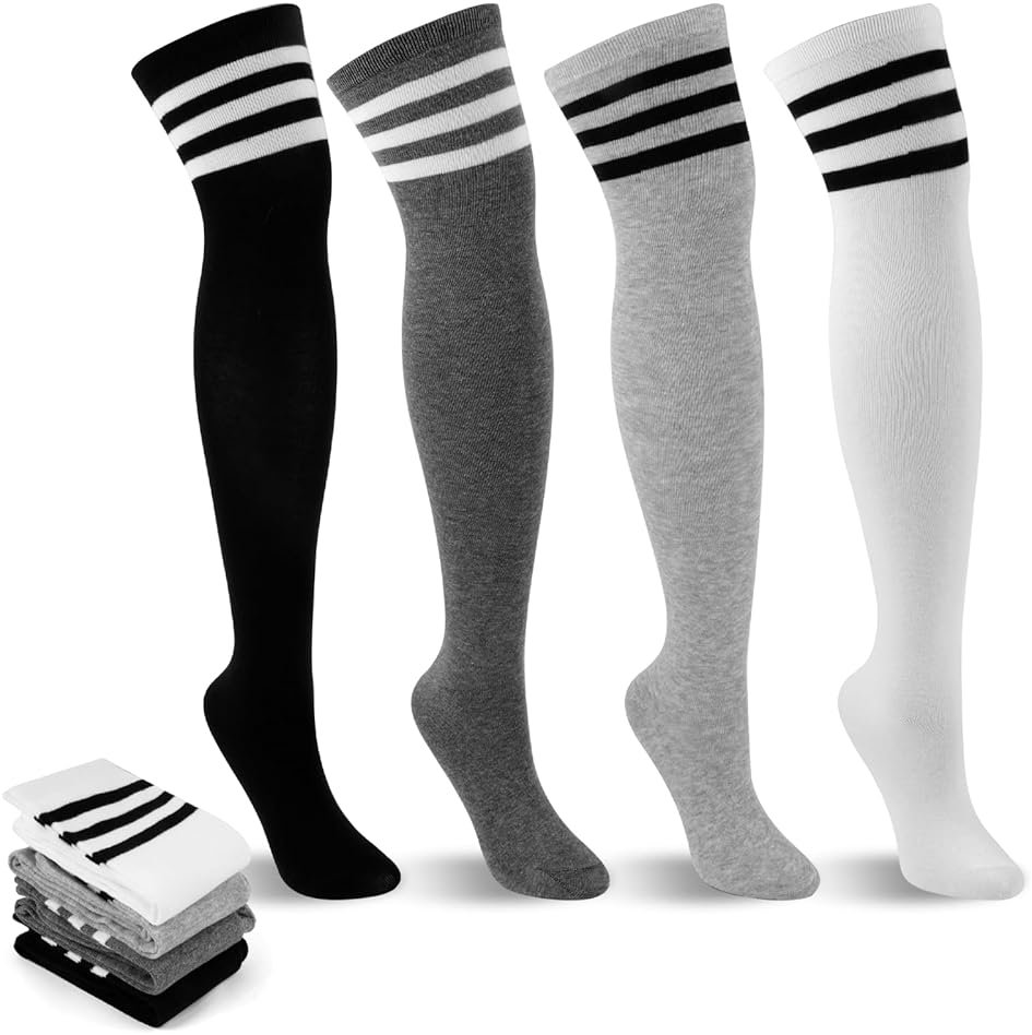 Okxiri 4 Pack Thigh High Socks, Striped Over the Knee Socks for Women, Soft Stretchy High Socks Warmer for Cosplay, Daily Wear, and Boots - Product Image