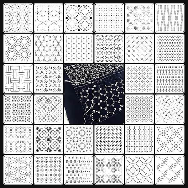 32 PCS Sashiko Stencil Kit, 5.1 x 5.1 Inch Plastic Geometric Sashiko Pattern Template Drawing Line Embroidery Pattern for Sewing Hand Quilting and Embroidery - Product Image