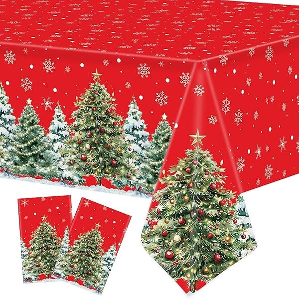 2 Pack Christmas Plastic Tablecloths 54 X 108inch Xmas Tree Snowflakes Disposable Table Cover Red Rectangle Tablecloth Decorations for Home Christmas Holiday Party Supplies - Product Image