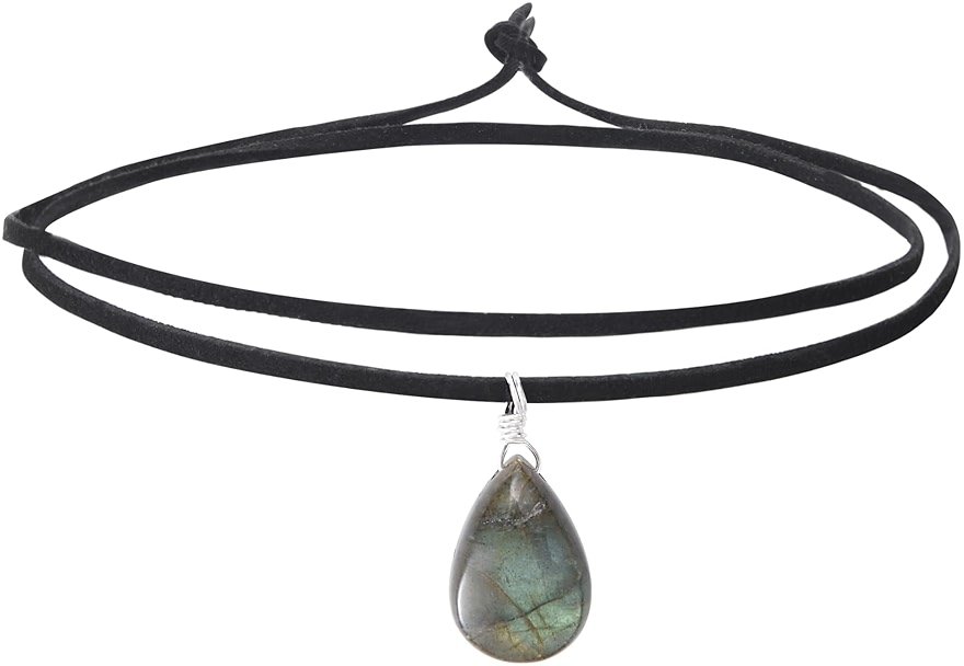 RareLove Black Leather Layering Choker Necklace for Women 925 Sterling Silver Teardrop Labradorite Stone Pendant Healing Crystal Necklace Gothic Boho Anxiety Jewelry - Product Image