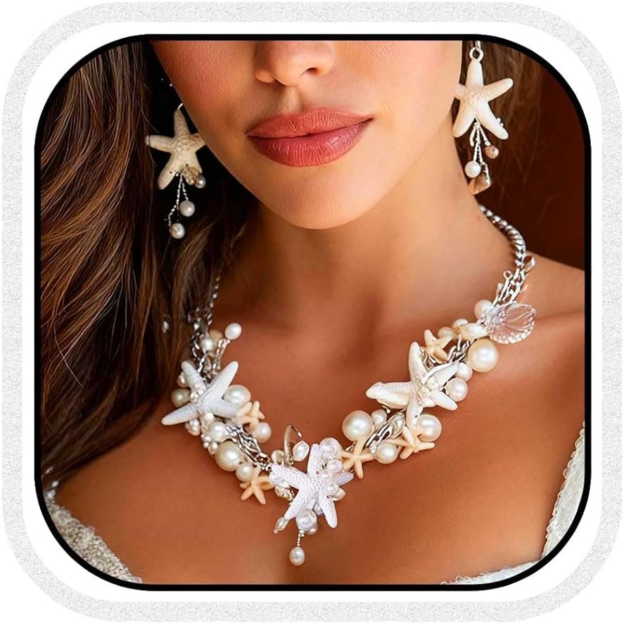Unicra Silver Starfish Jewelry Set Pearl Mermaid Ocean Necklace Earrings Sets Beach Wedding Jewelry Sets for Women and Brides - Product Image