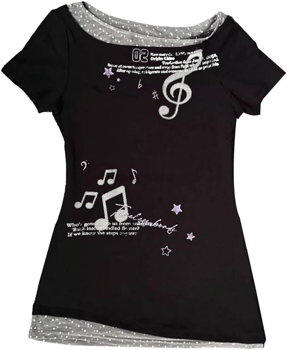 TYATVS Emo Grunge Tops Y2k Harajuku Music Note Shirt Vintage Gothic 2000s Clothing Whimsy Twee Tees Alt Clothes - Product Image