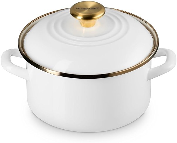 Le Creuset Enamel on Steel Traditional Petite Stockpot, 3.8 qt., White with Gold Accents - Product Image