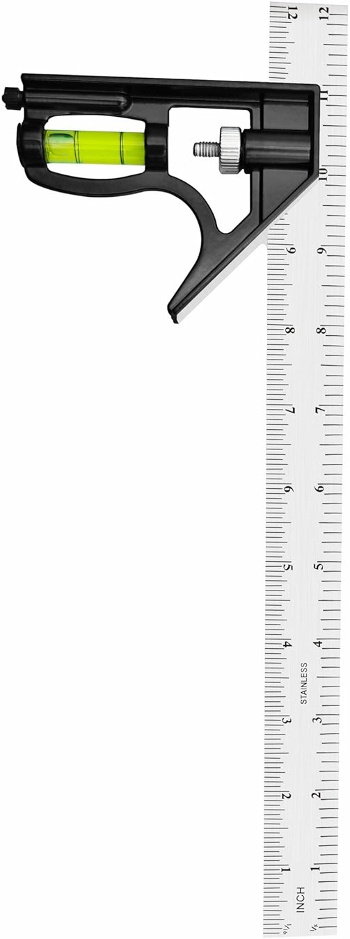 Ryqoru 12-Inch Combination Square, Metric & Imperial, Etched 1/16 in & 1 mm Graduations, 410 Stainless Steel Rule, Powder-Coated Aluminum Head, 90°/45° Marking, Built-in Level for Woodworking - Product Image