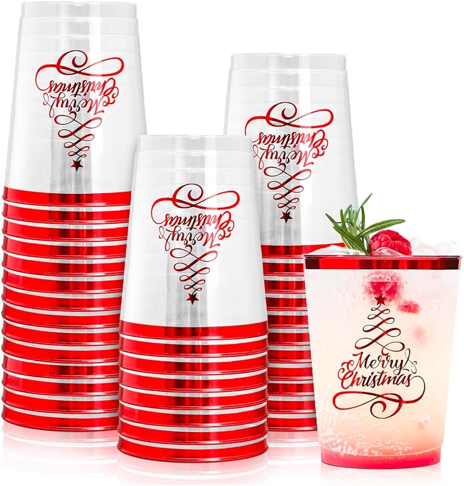 FYSUIMU 50Pcs Christmas Plastic Cups 10 Oz Xmas Tree Party Drinking Cup Disposable Clear Wine Glasses for Holiday Party Supplies - Product Image
