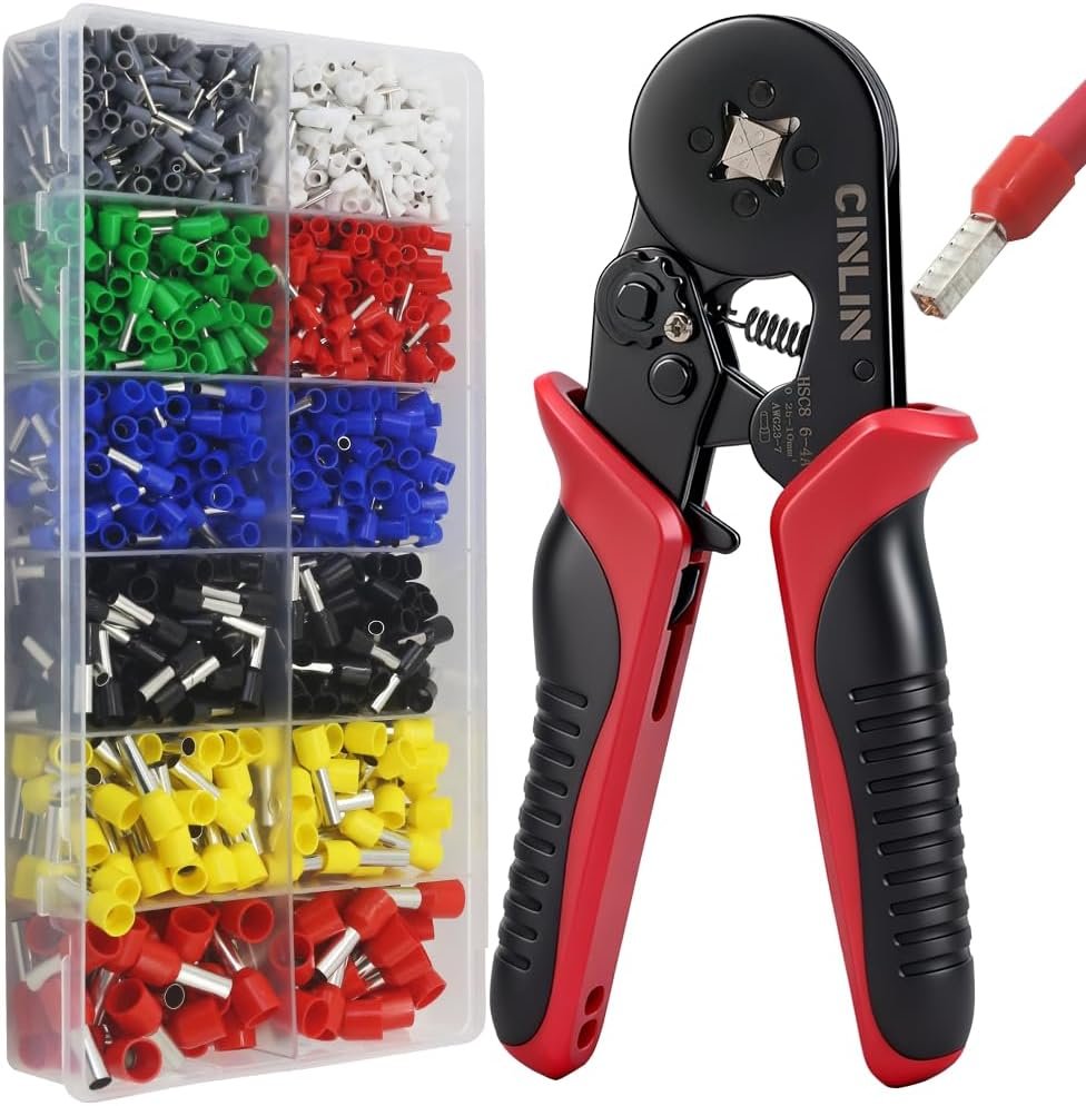 Ferrule Crimping Tool Kit - Square Ferrule Crimper Plier (AWG 23-7) with 1380pcs Wire End-Sleeves Red copper Terminals Kit - Product Image