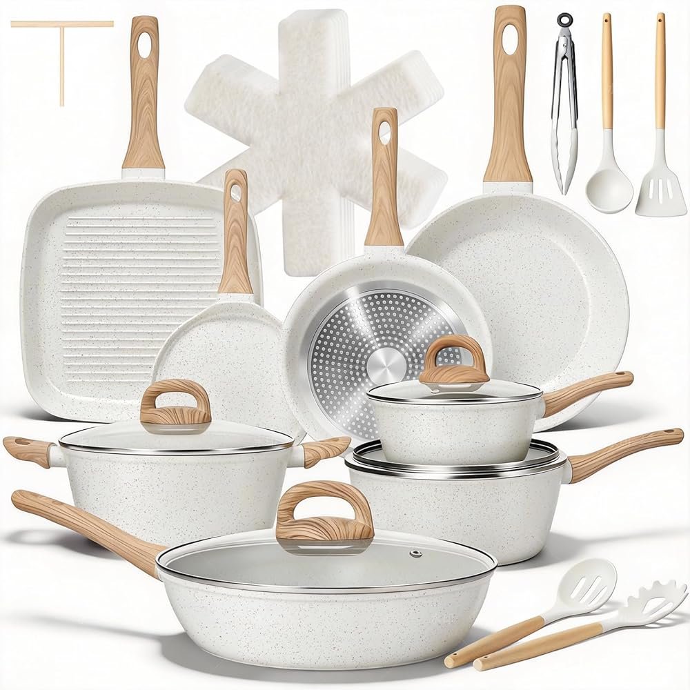EWFEN 25 Pcs Pots and Pans Set, Nonstick Ceramic Cookware Sets, Healthy Non-Toxic, Large Capacity, Induction Compatible, Cooking Set with Frying Pans & Saucepans, PFAS/PTFE/PFOA Free, Cream White - Product Image