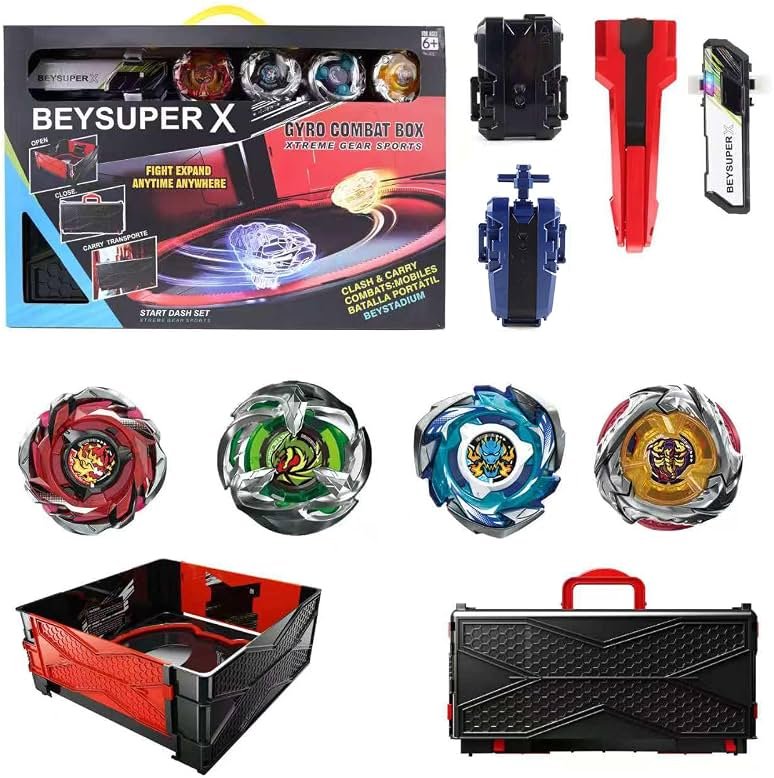 Burst Gyro All in One Portable Battle Arena Set, 4 Metal Fusion Attack Spinning Tops with 2 Two-Way Launchers & 2 Handles, Gyro Battling Game Toy Gift for Kids Boys Ages 6 7 8 9 10+ (CX01-4A) - Product Image