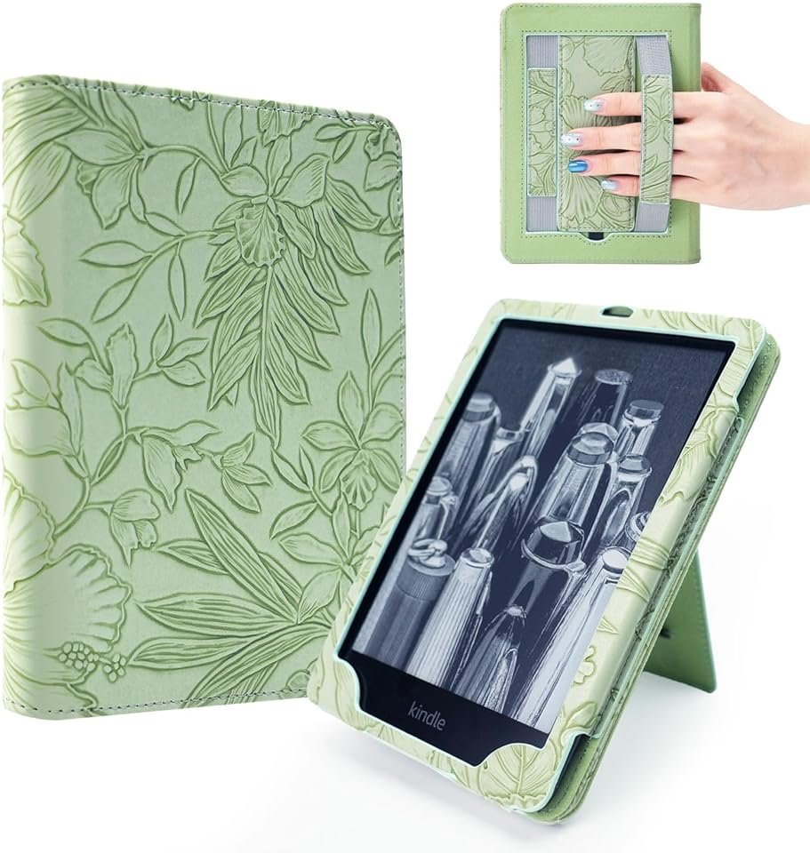 7"/6.8" Green Embossed Case Compatible with Kindle Paperwhite 11th/12th Gen,Colorsoft Signature Edition 2024,Retro Flower Book Cover Hand Strap Stand Auto Wake Design Accessories 2025 - Product Image
