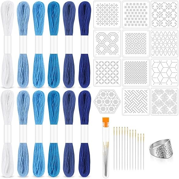 37 Pcs Sashiko Thread Kit Sashiko Needles Cotton Thimble Sashiko Patterns Embroidery Projects for Sewing Hand Quilting Mending Supplies - Product Image