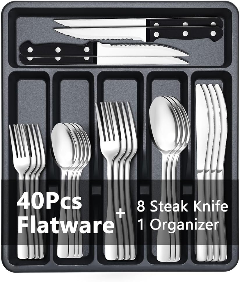 BEWOS 49-Piece Silverware Set with Organizer - Stainless Steel Silverware Set for 8 with Steak Knives and Drawer Organizer, Mirror Polished Flatware Set for Home and Restaurant, Dishwasher Safe - Product Image