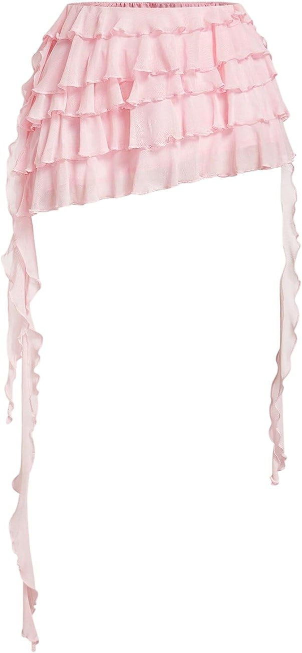 Verdusa Women's Y2K Layered Ruffle Elastic Waist A Line Asymmetrical Mini Skirt Coquette Outfits - Product Image