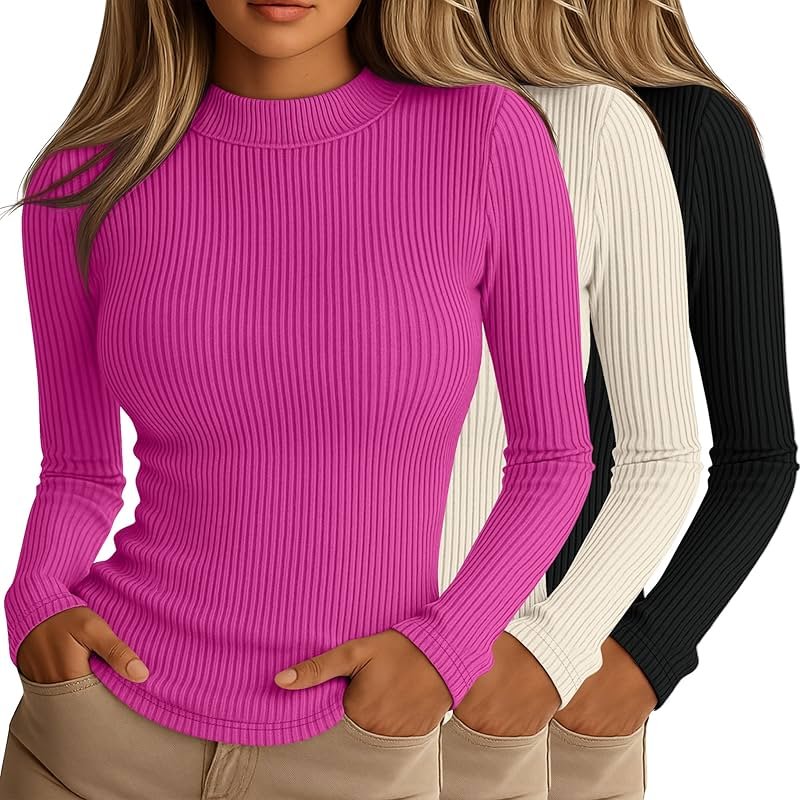 Riyiper 3 Pack Women's Ribbed Shirts, Mock Turtleneck Long Sleeve Tops Slim Fitted Undershirts Casual Basic Layering Tees - Product Image