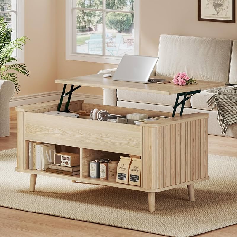 Lift Top Coffee Table with Storage, 41" Mid Century Modern Coffee Table with Fluted & Curved Profile Design, Hidden Storage Compartment, Lower Shelf Center Table for Living Room Office, Oak - Product Image