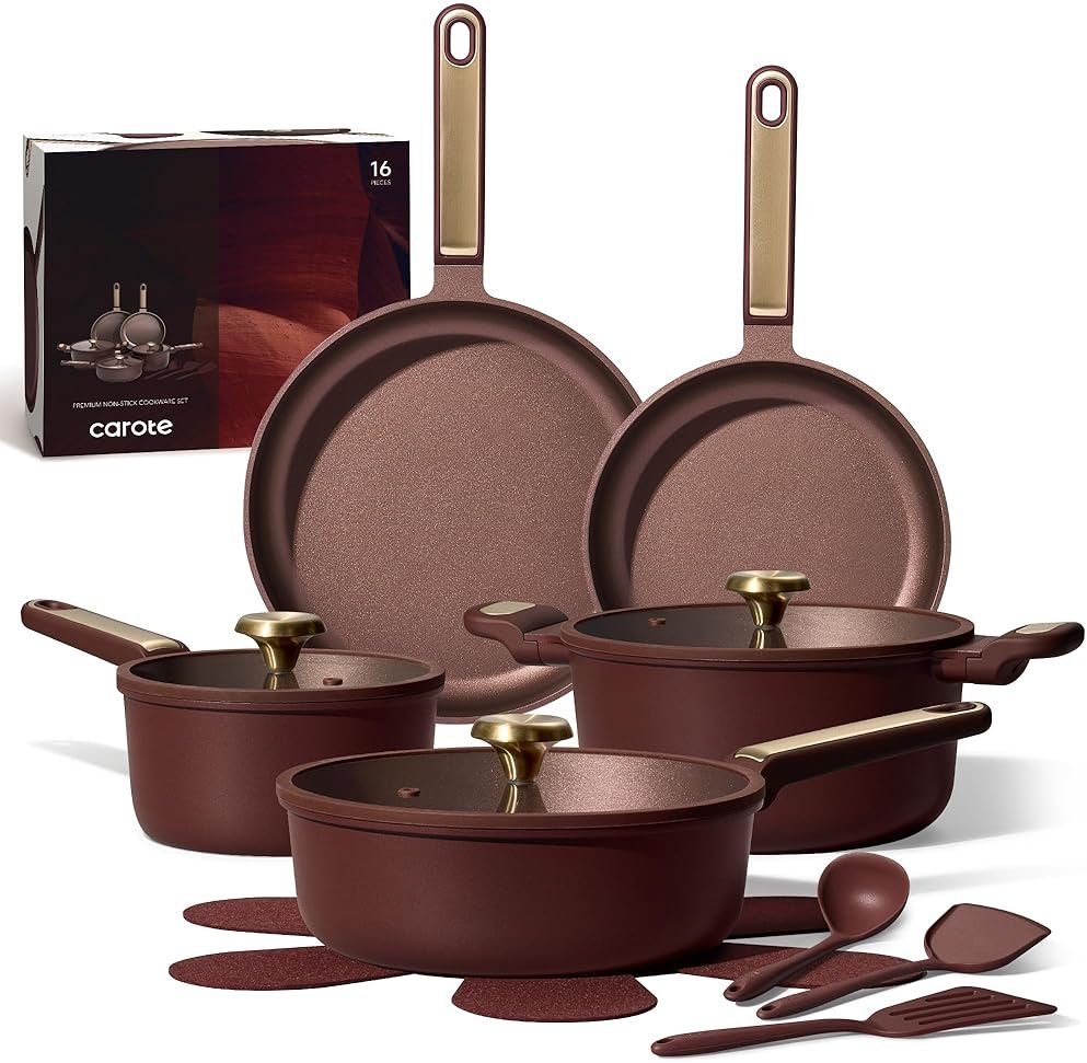 CAROTE Pots and Pans Set Nonstick, 16pcs Cookware Set Nonstick Non-Toxic & PFOA&PFOS-Free, Dishwasher, RV/Camping Cookware Set, Cooking Pots with Lids,Wine Red - Product Image