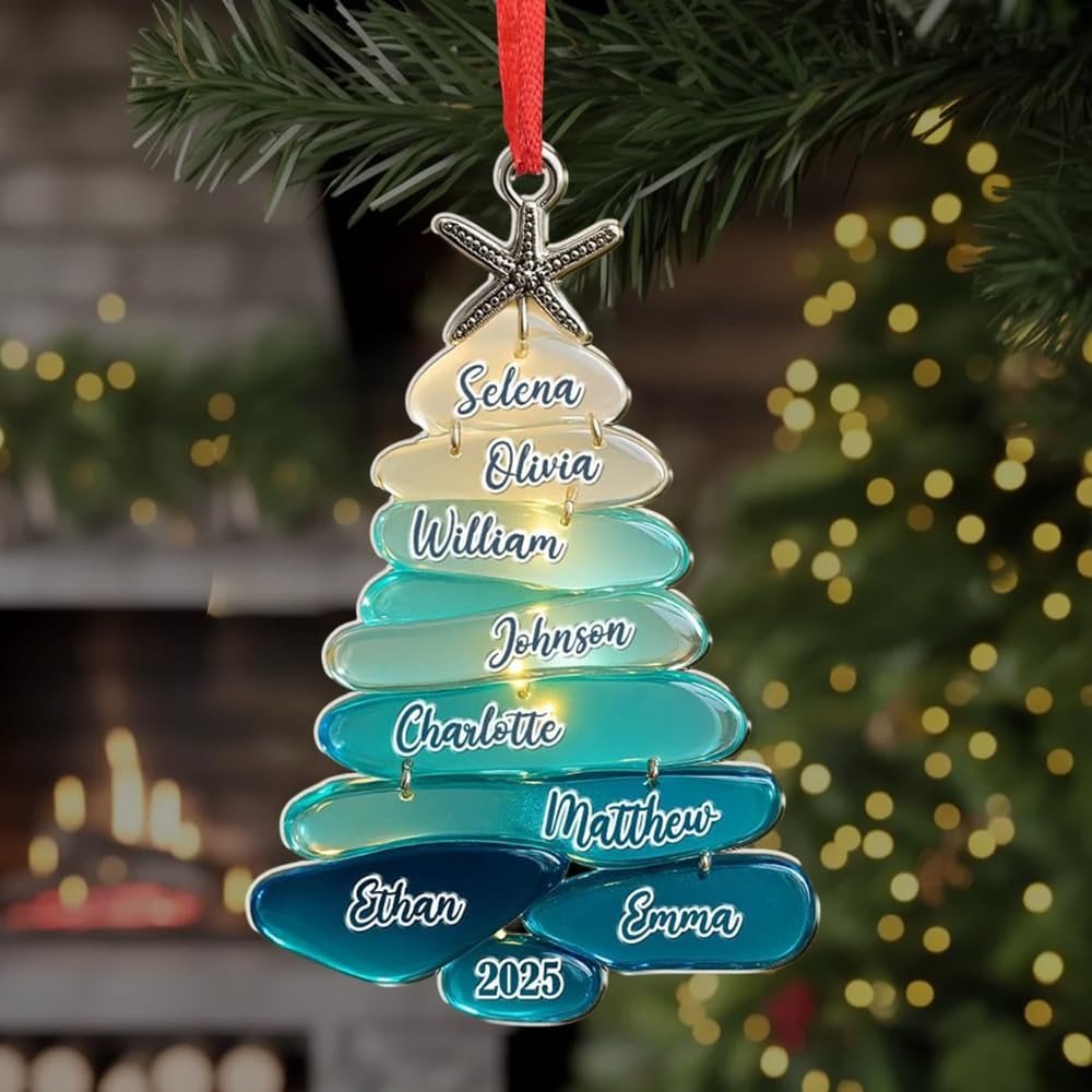Personalized Sea Glass Family Tree 2D Flat Ornament, Custom Name Christmas Tree Ornament, Sea Glass Art Keepsake, Gift for Holiday - Product Image