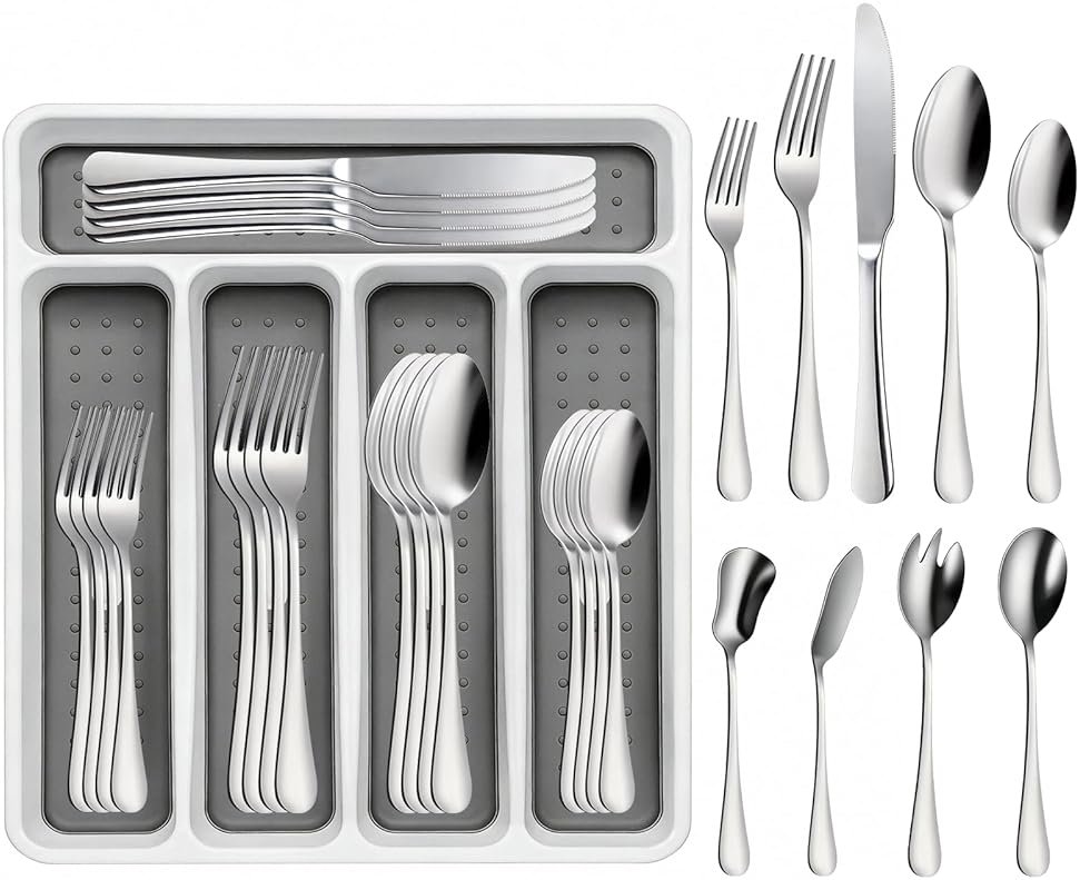 45-Piece Silverware Set with Organizer, Stainless Steel Flatware Set for 8, Includes Forks, Knives, Spoons & Serving Utensils, Cutlery Set for Dining, Entertaining & Housewarming - Product Image