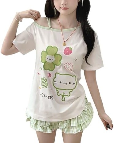 Womens Y2K Off Shoulder Kawaii T-Shirt Suit Hrajuku Plaid Ruffled Lace Pumpkin Short Pants Cute Cat Graphic Tops - Product Image