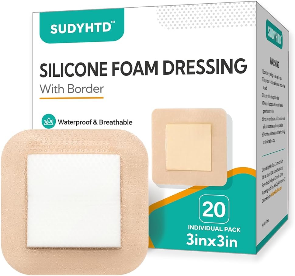 20 Pack Silicone Foam Dressing 3"x3" Gentle Border, Waterproof Silicone Bandages for Wounds Care, Super Absorbent Wound Dressing, Bed Sore Patches, Self Adhesive Pressure Sore Pads - Product Image