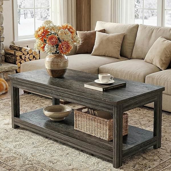Homieasy 43.3” Rectangular Coffee Table with Storage Shelf, Farmhouse Wood Center Table for Living Room, Modern Black Tea Table with Open Shelf, Grey - Product Image