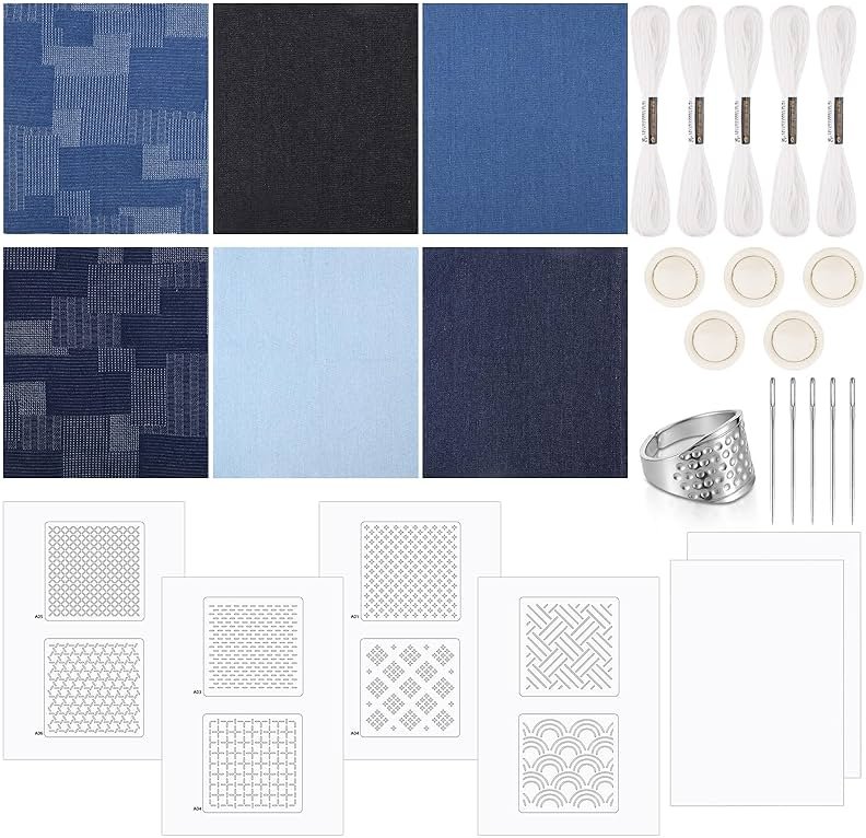 28 Pcs Sashiko Thread Kit Sashiko Needles Denim Fabric Embroidery Patterns Thimble Water Soluble Embroidery Kit for Sewing Hand Quilting Mending Supplies - Product Image
