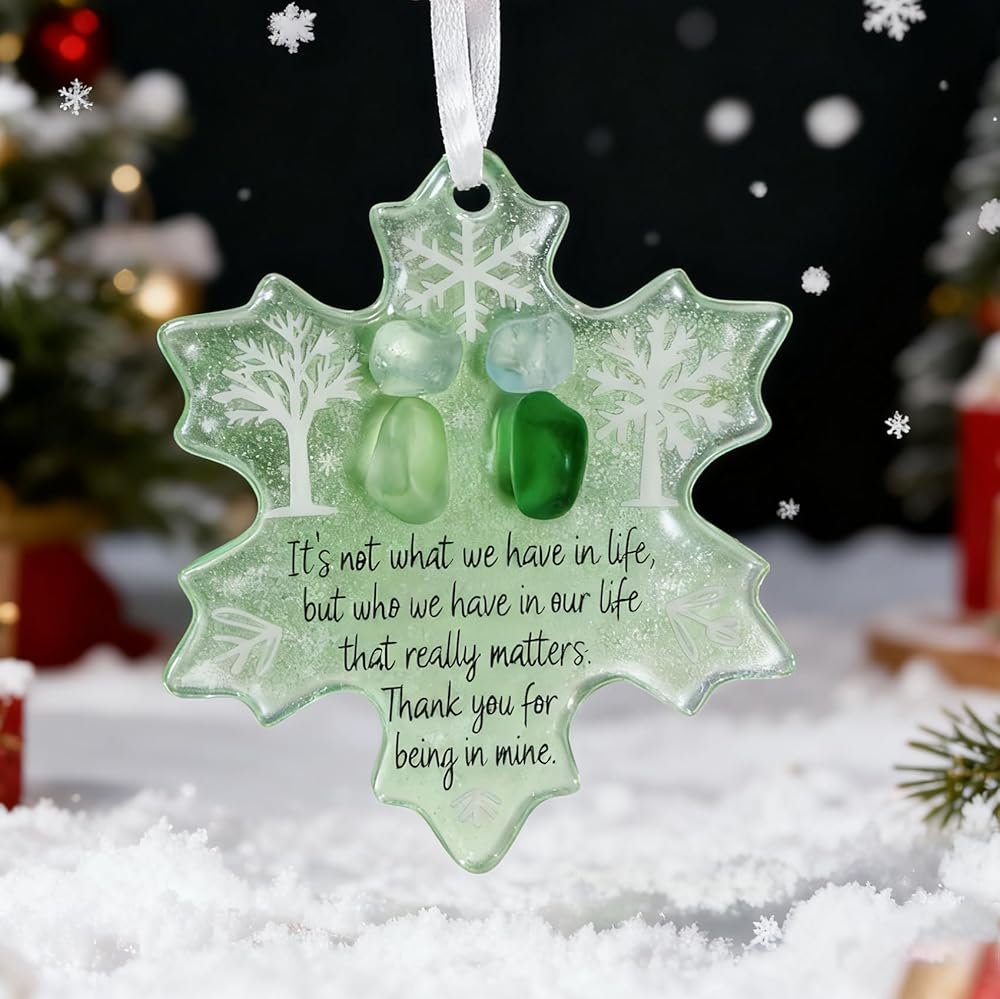 Sea Glass Friendship Snowflake Ornament Snow Shaped Christmas Tree Decorations, Timeless Friendship Heart Keepsake, Sea Glass Art for Best Friends (Snowflake) - Product Image