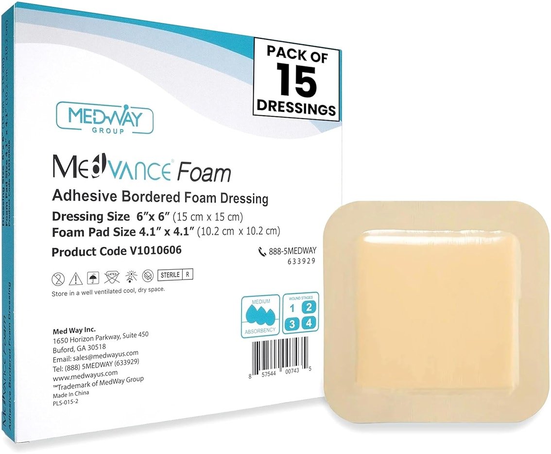 Medvance Hydrophilic Adhesive Wound Care Dressings - Waterproof Pressure Sore Care - Easy Apply Dressing for Wound Care - Wound Dressings for Burns (6"x6" Bandage, 4.1" x4.1' Wound Pad) (Box of 15) - Product Image