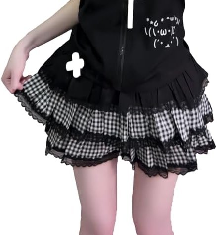 Y2K Lace Plaid Ruffled Skirt for Women Cute Elastic Harajuku Puffy Bubble Mini Skits Casual High Waist Underskirt - Product Image