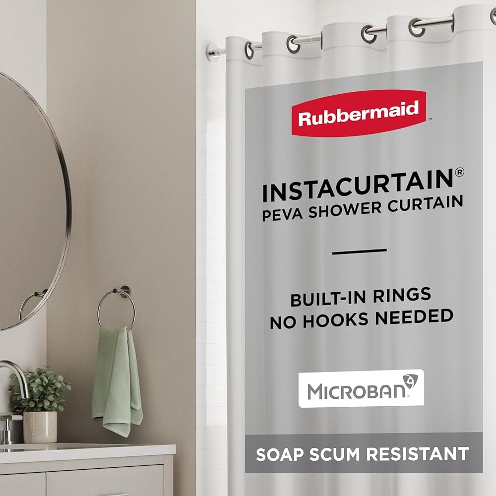 Rubbermaid White No Hook 3-in-1 Shower Curtain, Heavyweight Waterproof PEVA Instacurtain for Bathroom with Magnets and Charcoal Gray Built-in Rustproof Rings, 71” x 74”, White - Product Image