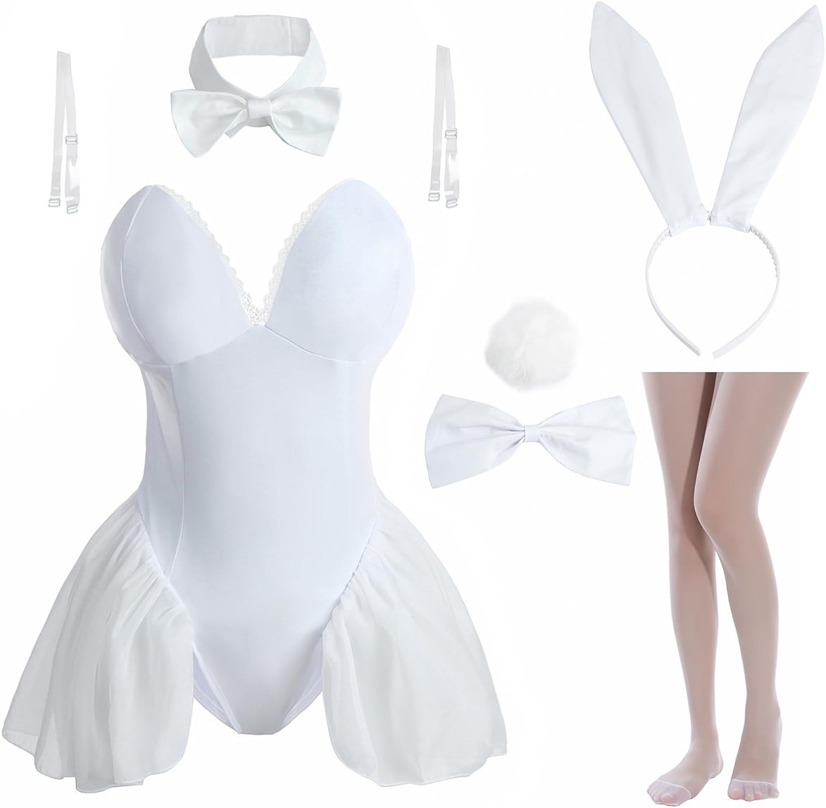NUOQI Bunny Costume Suit Adult Women White Bunny Cosplay Girl Anime Bodysuit Halloween Set - Product Image